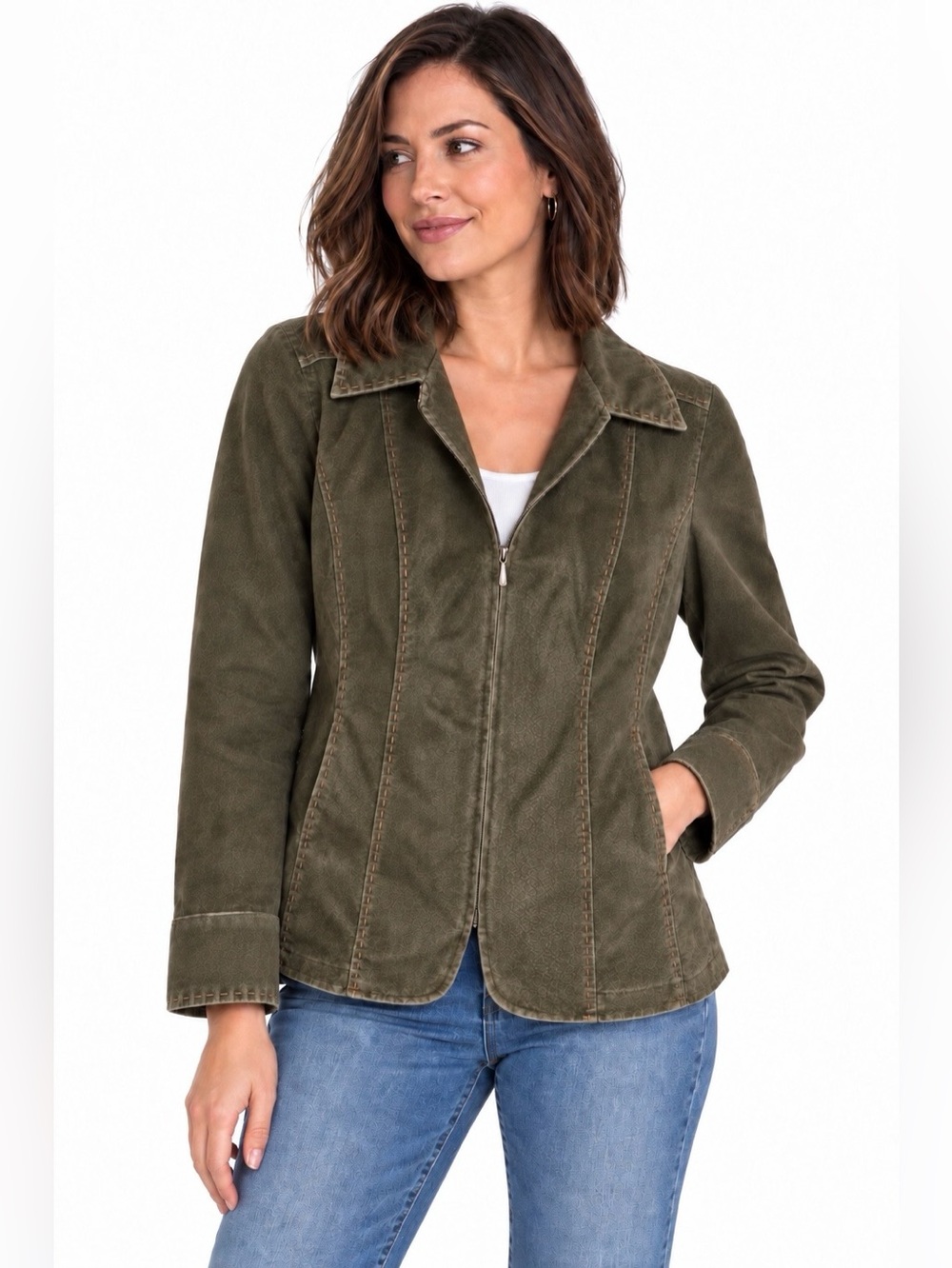 Live a Little suede leather jacket women's size M Y2K olive-brown machine wash